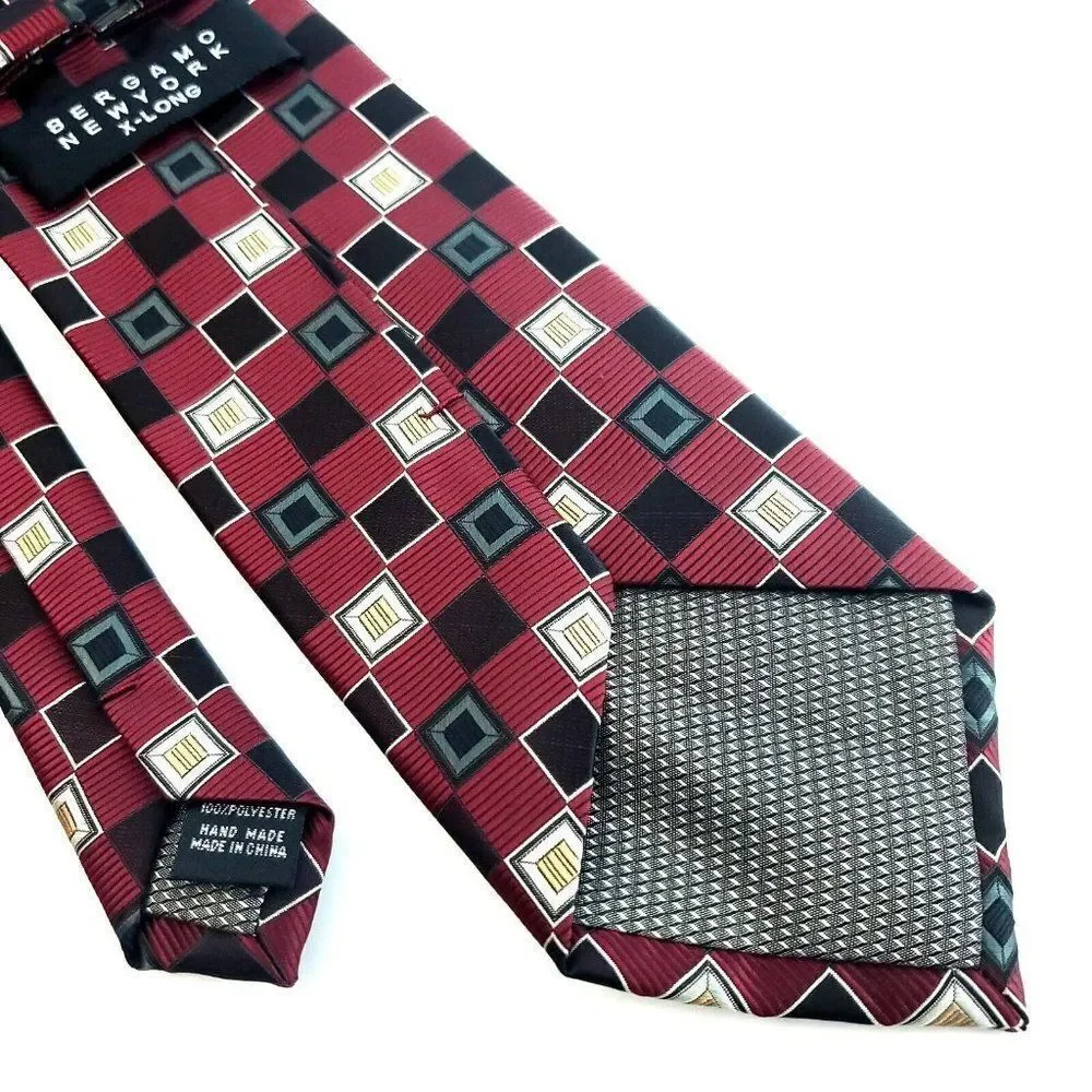 Bergamo New‎ York Red Black Tan Geometric Woven Polyester Long Tie